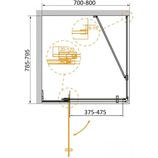 душевой уголок cezares slider slider-ah-1-80-70/80-br-boro 70-80x79,5 см, профиль золотой матовый, стекло бронза