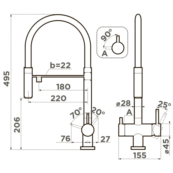 смеситель для кухни с фильтром omoikiri kanto-gb графит 4994356 + h851p00