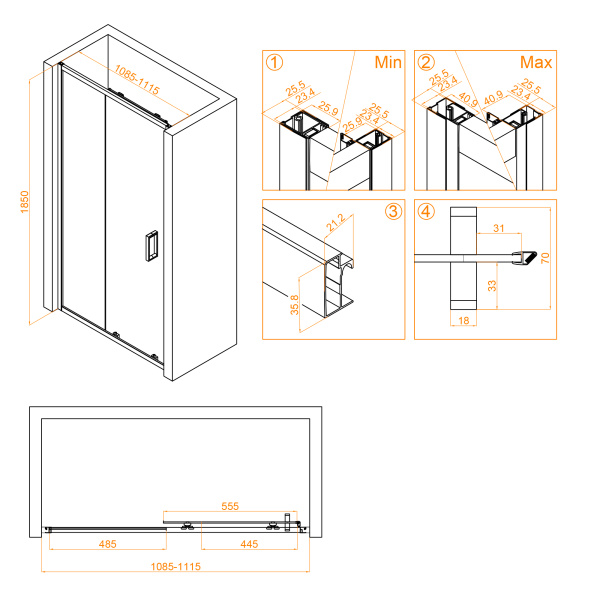 душевая дверь в нишу rgw classic cl-14 110, профиль глянцевый хром