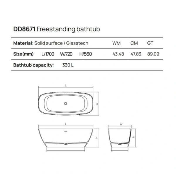 ванна dea design edge dd8671 1700 16 отдельностоящая, solid surface, 170x72x56см., black №16