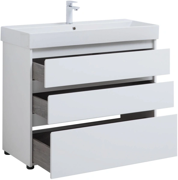 тумба под раковину aquanet nova lite 100 напольная, белый глянец, 3 ящика, 00302478