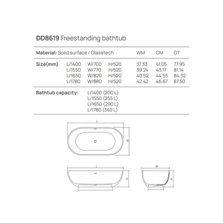 ванна dea design shadow dd8619 1780 18 отдельностоящая, 178x88xh52см., белый