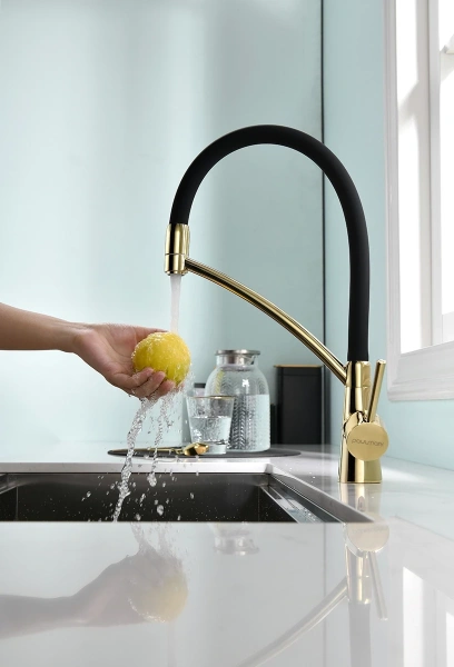 смеситель paulmark siegen si213111-g для кухни, с подключением к фильтру, цвет золото \ черный
