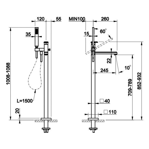 смеситель для ванны gessi eleganza 46131#713, напольный, цвет: antique brass