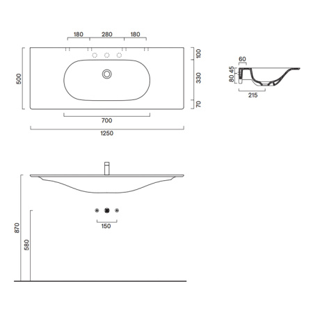 раковина catalano sfera 0521260021 125x50 см, без отв., белый матовый