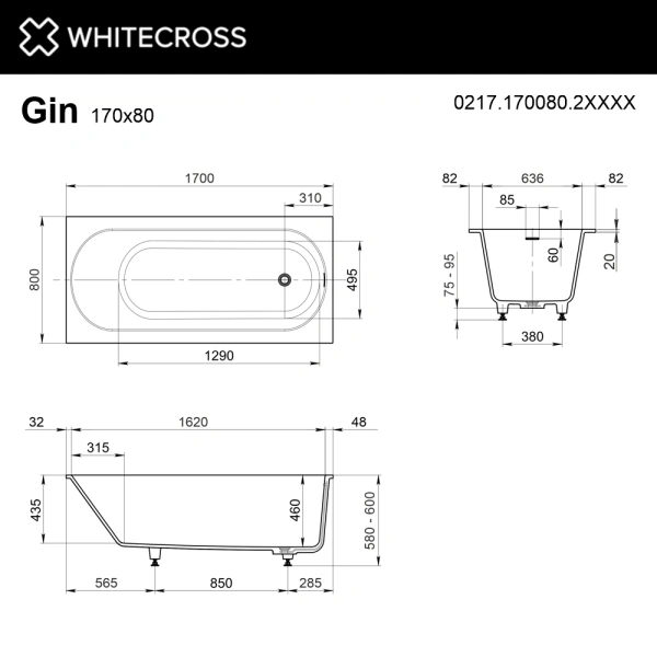 ванна whitecross gin 0217.170080.2xxxx встраиваемая, с регулируемыми ножками и сифоном, композит, 170x80 см, по ral матовый