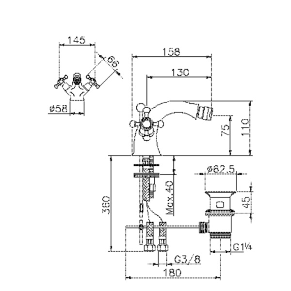 cisal huber victorian смеситель двухвентильный для биде на 1 отверстие с донным клапаном, цвет: бронза