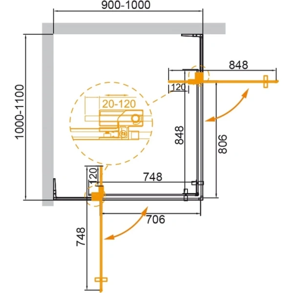 душевой уголок cezares slider 110х100 slider-ah-2-90/100-100/110-br-nero профиль черный матовый стекло бронзовое