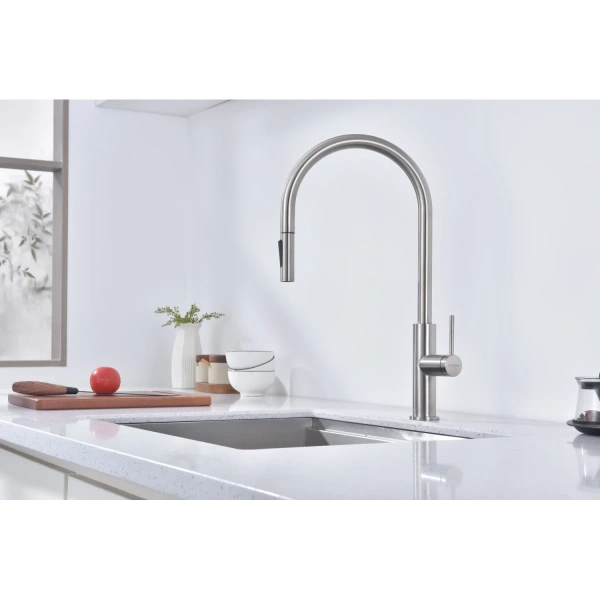 смеситель для кухни paulmark senso se215180-bs, с выдвижным изливом, сенсорное управление, цвет брашированная сталь