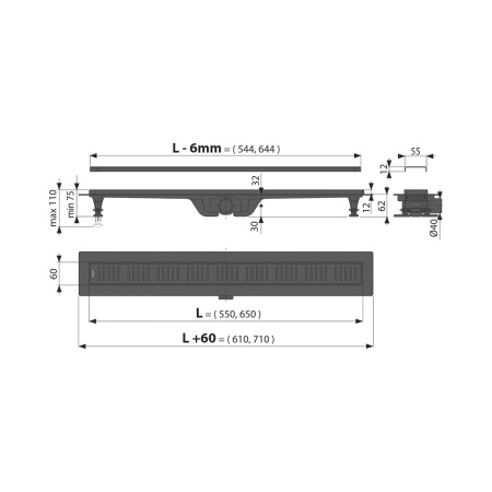 душевой лоток alcaplast apz10black 650 с решеткой и опорами