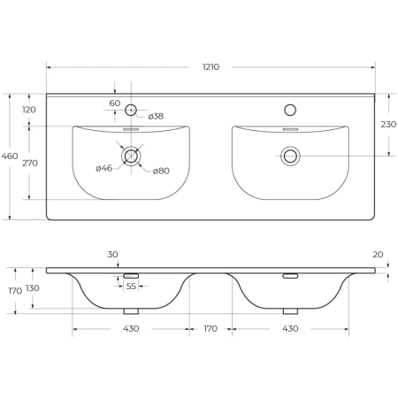 раковина cezares molveno czr-8099-120-2 121x46 см, накладная, двойная белый