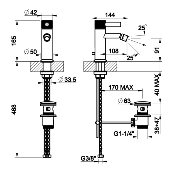 смеситель для биде gessi inciso 58007#727, с донным клапаном, цвет: brushed brass pvd