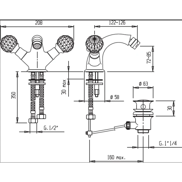 смеситель cezares atlantis atlantis-bs1-01-sw для биде, на 3 отверстия с донным клапаном, ручка swarovski, хром