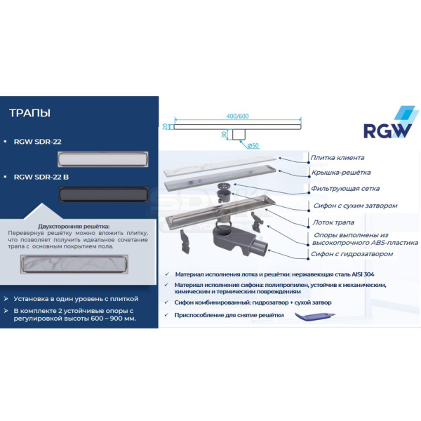 душевой лоток rgw sdr-22 47212260-01 с двухсторонней решеткой