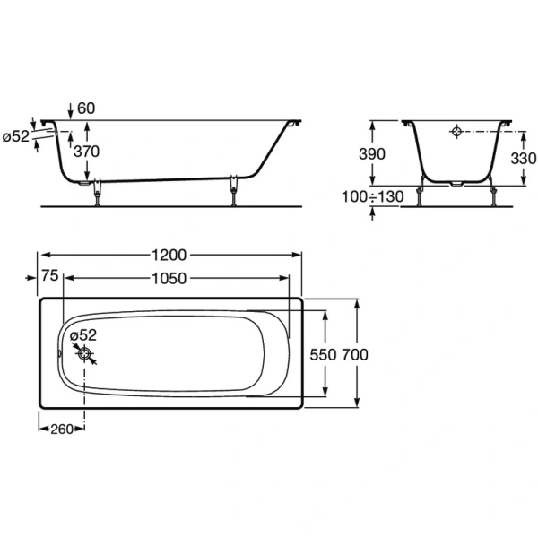 ванна чугунная roca continental 211506001 120x70 см, белый