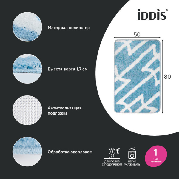 Коврик для ванной комнаты IDDIS Base BPQS02Mi12, 50x80, микрофибра, голубой