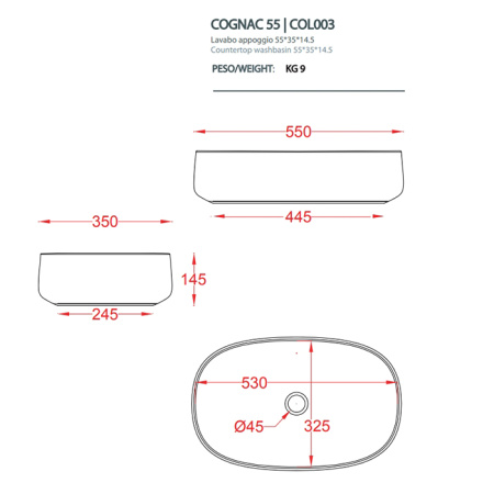 раковина artceram cognac quadro col003 41 34 накладная, без отв., без перелива, на столешницу, saniglaze, 55x35xh14.5 см, matera