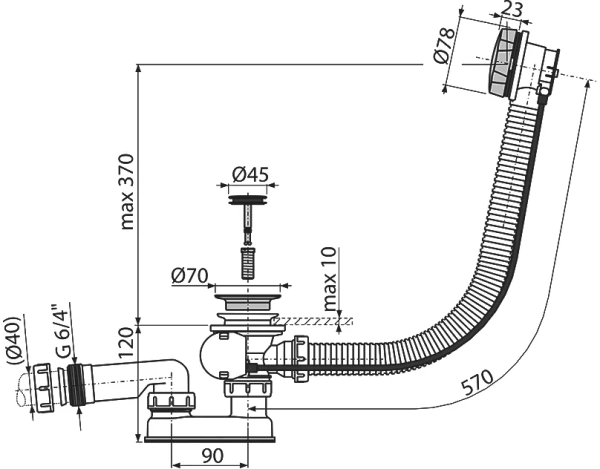 слив-перелив для ванны alcaplast a55k 52 мм, полуавтомат, хром, с сифоном