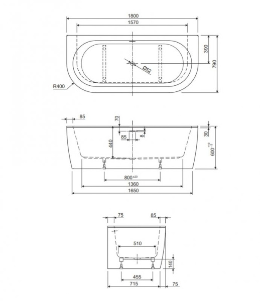 акриловая ванна 180x79 см cezares slim slim wall-180-80-60-w37-set