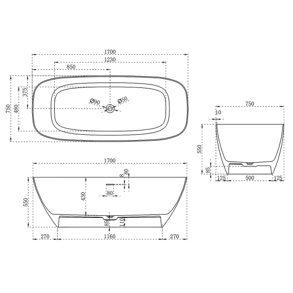 ванна из искусственного камня vincea vbt-6s02mw 170x72 см, слив-перелив в комплекте, цвет белый матовый