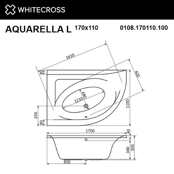 акриловая ванна whitecross aquarella 170x110 l 0108.170110.100 без гидромассажа