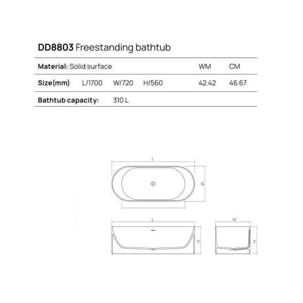 ванна dea design stripes dd8803 1700 18 отдельностоящая, solid surface, 170х72х56см., white №18