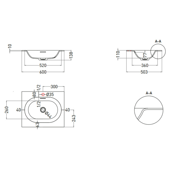 salini salini onda flow oval essentials раковина 60х50х14см., подвесная, 1 отв., цвет: белый матовый