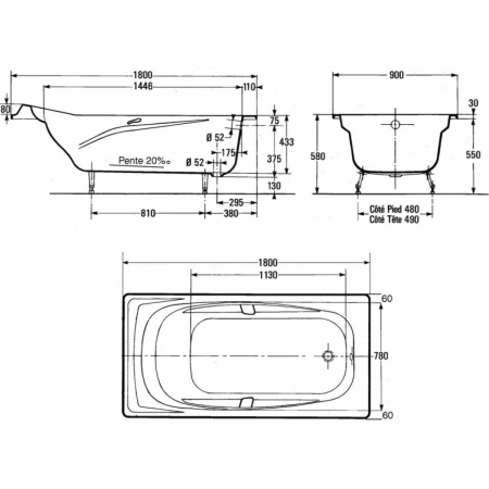 чугунная ванна jacob delafon super-repos e2902-00, 180x90 см